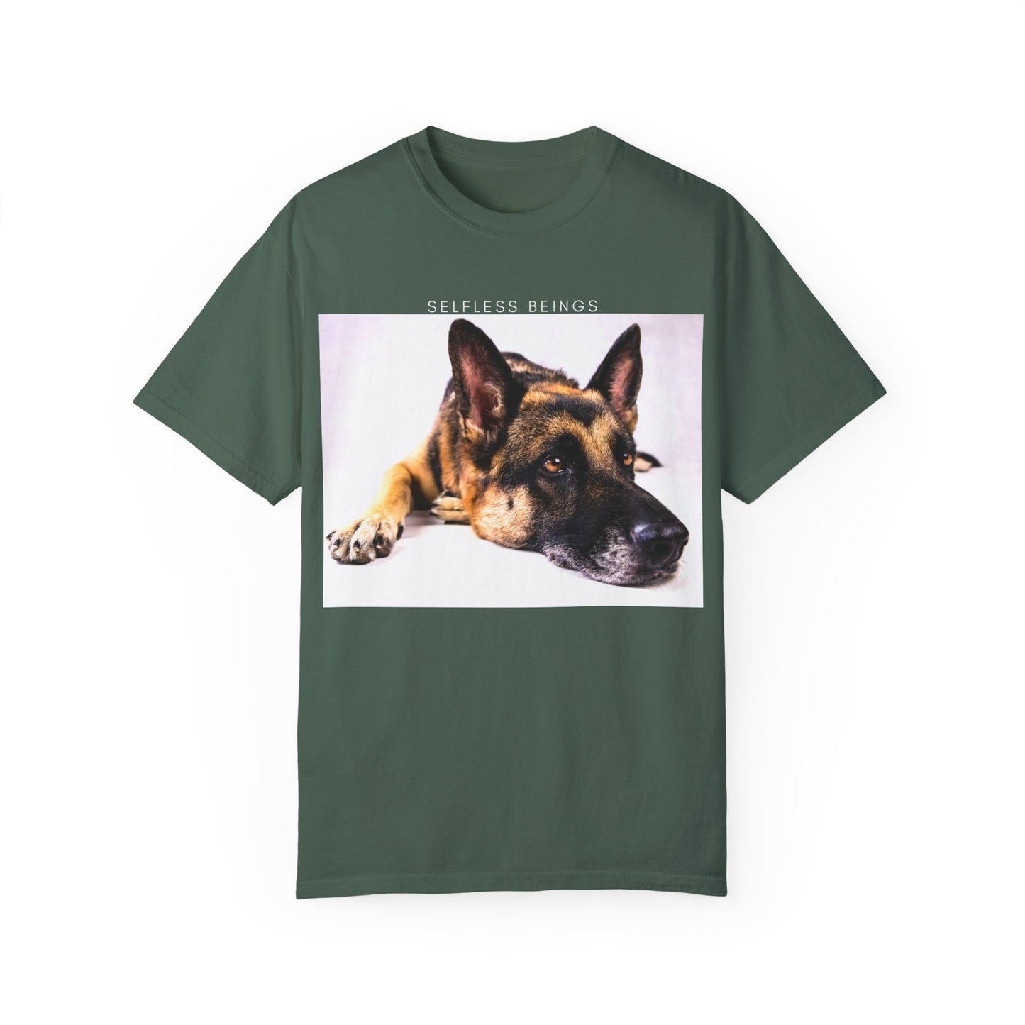 Unisex Dog Lover T-Shirt With Close Up of Bored German Shepherd Laying His Head On the Floor and Caption Selfless Beings