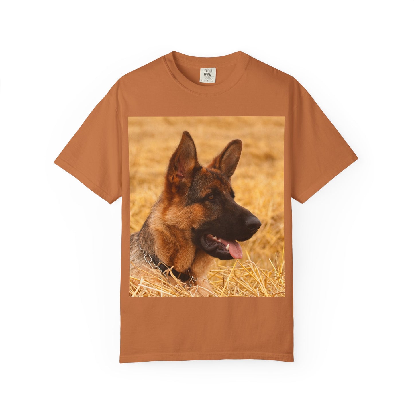 Unisex Dog Lovers T-Shirt Featuring German Shepherd Resting on the Dry Grass