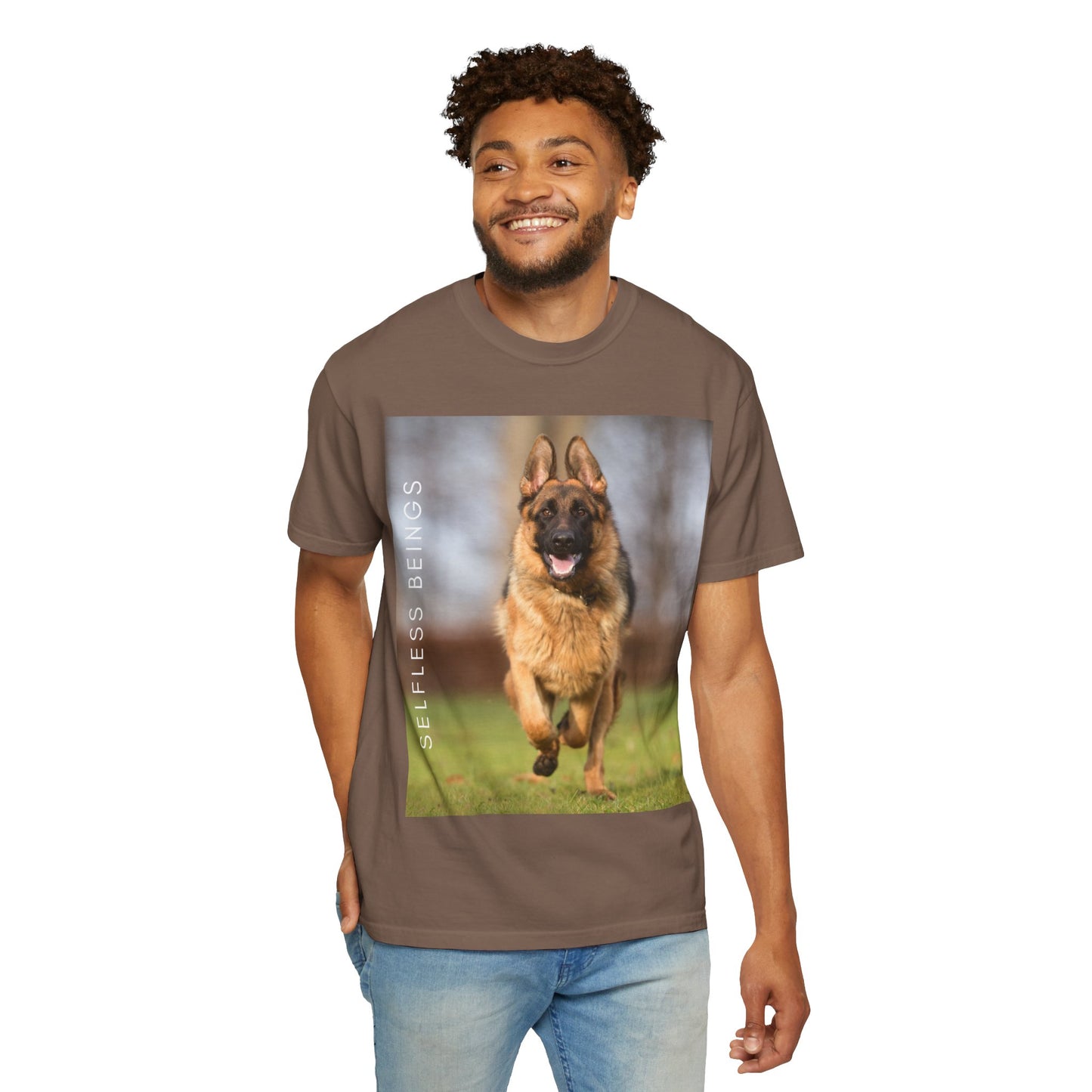 Unisex Dog Lover T-Shirt With Large German Shepherd Running on the Grass and Caption Selfless Beings