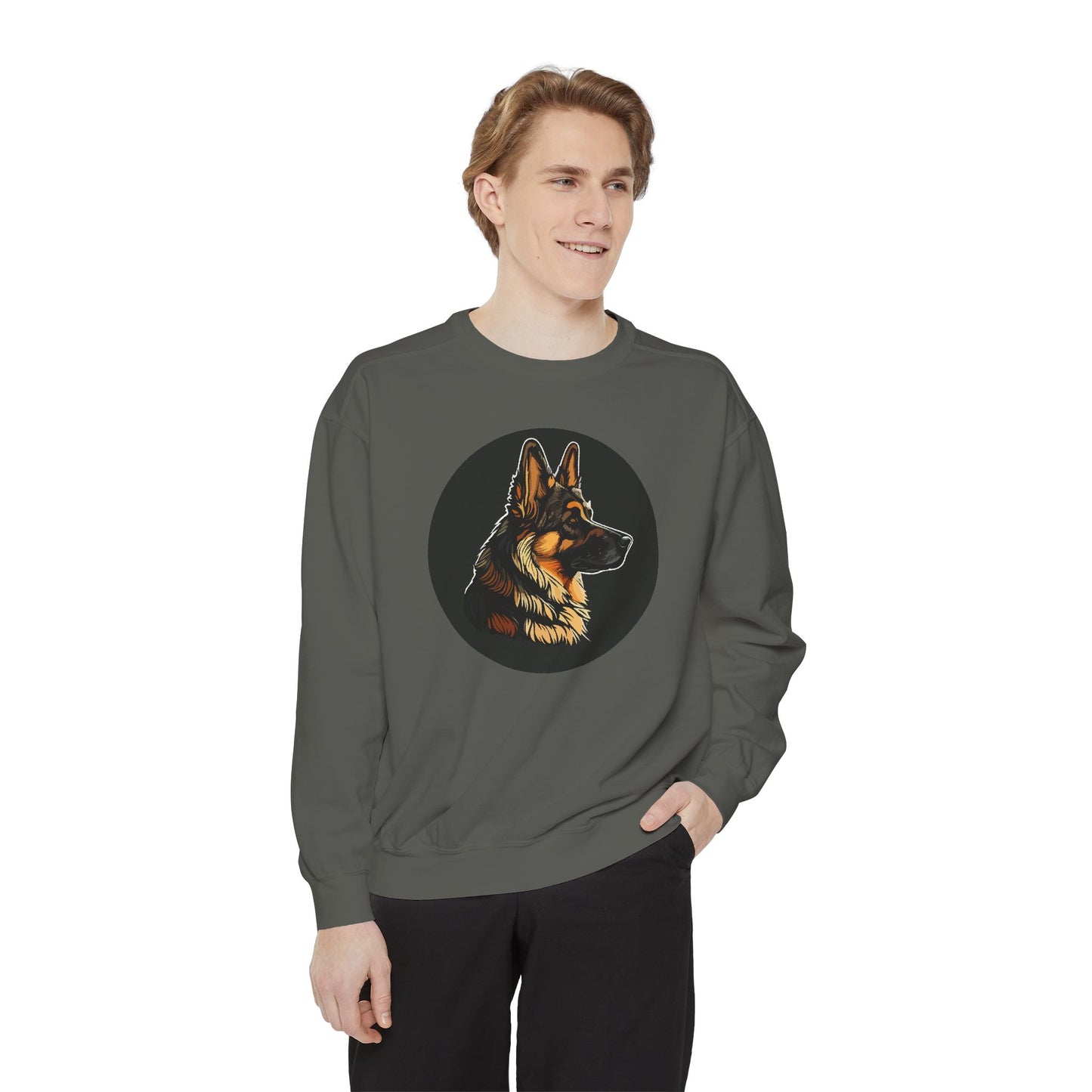 Unisex Dog Lover Sweatshirt With a Close Up Graphic of a German Shepherd Inside a Black Circle