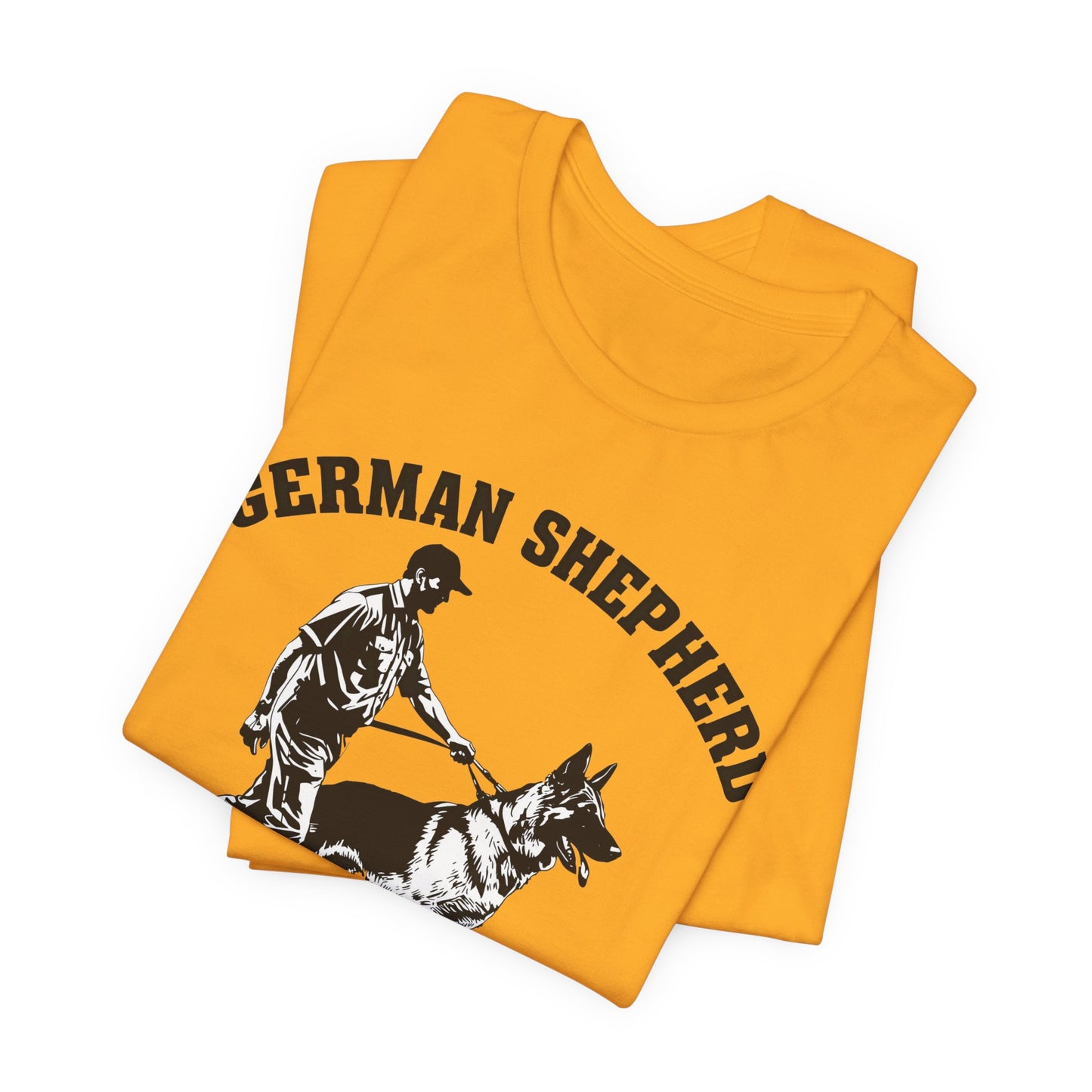 German Shepherd Trainer Tee - Black and White Design of Man Holding a German Shepherd
