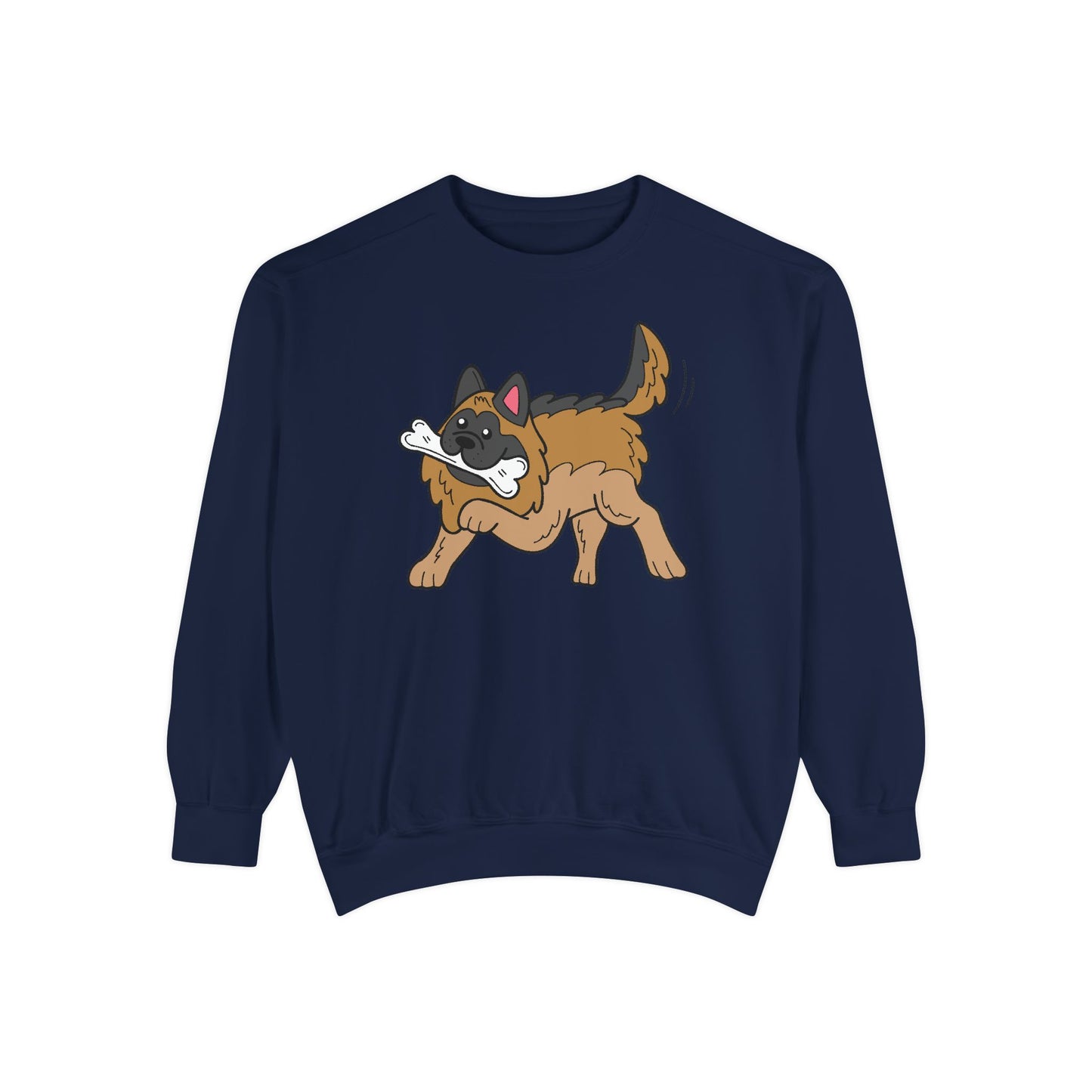 Unisex Dog Lover Sweatshirt With a Graphic of a German Shepherd Holding a White Bone in Mouth