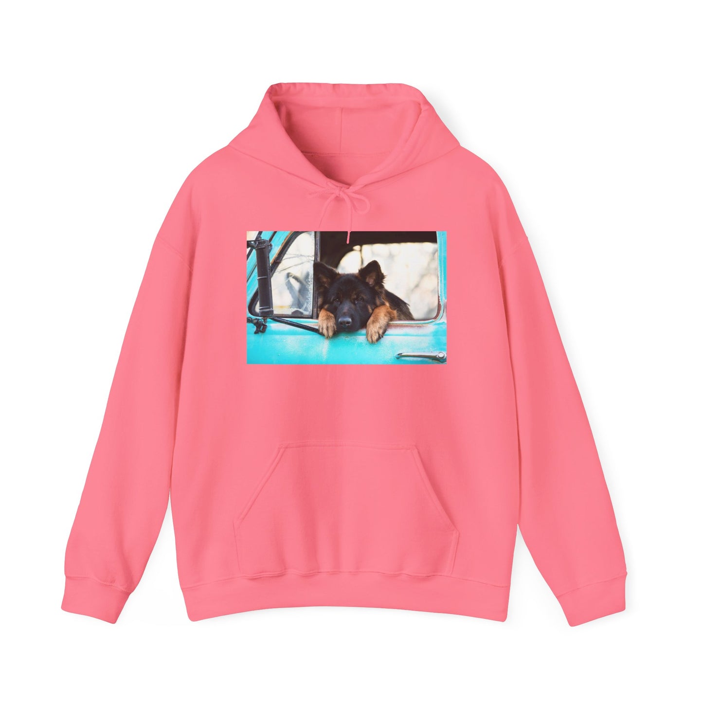 Unisex Dog Lover Hoodie With German Shepherd Puppy Putting His Head and Front Legs On The Truck Seat's Window