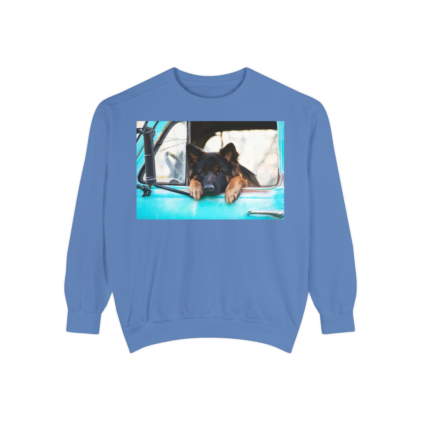 Unisex Dog Lover Sweatshirt With a German Shepherd Puppy Putting His Head and Front Legs On The Truck Seat's Window