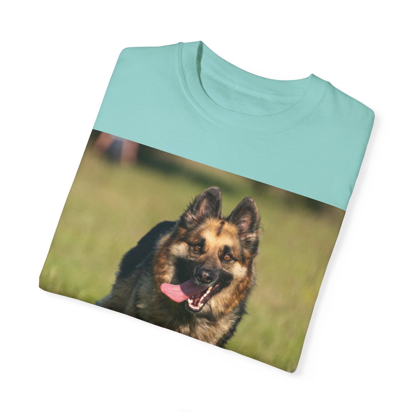 Unisex Dog Lover T-Shirt With Beautiful German Shepherd Running on the Field Leaving Tongue Out and Caption Selfless Beings