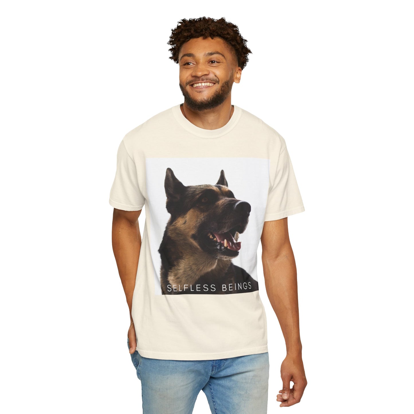 Unisex Dog Lover T-Shirt With Close Up of Large German Shepherd Turning His Face and Caption Selfless Beings