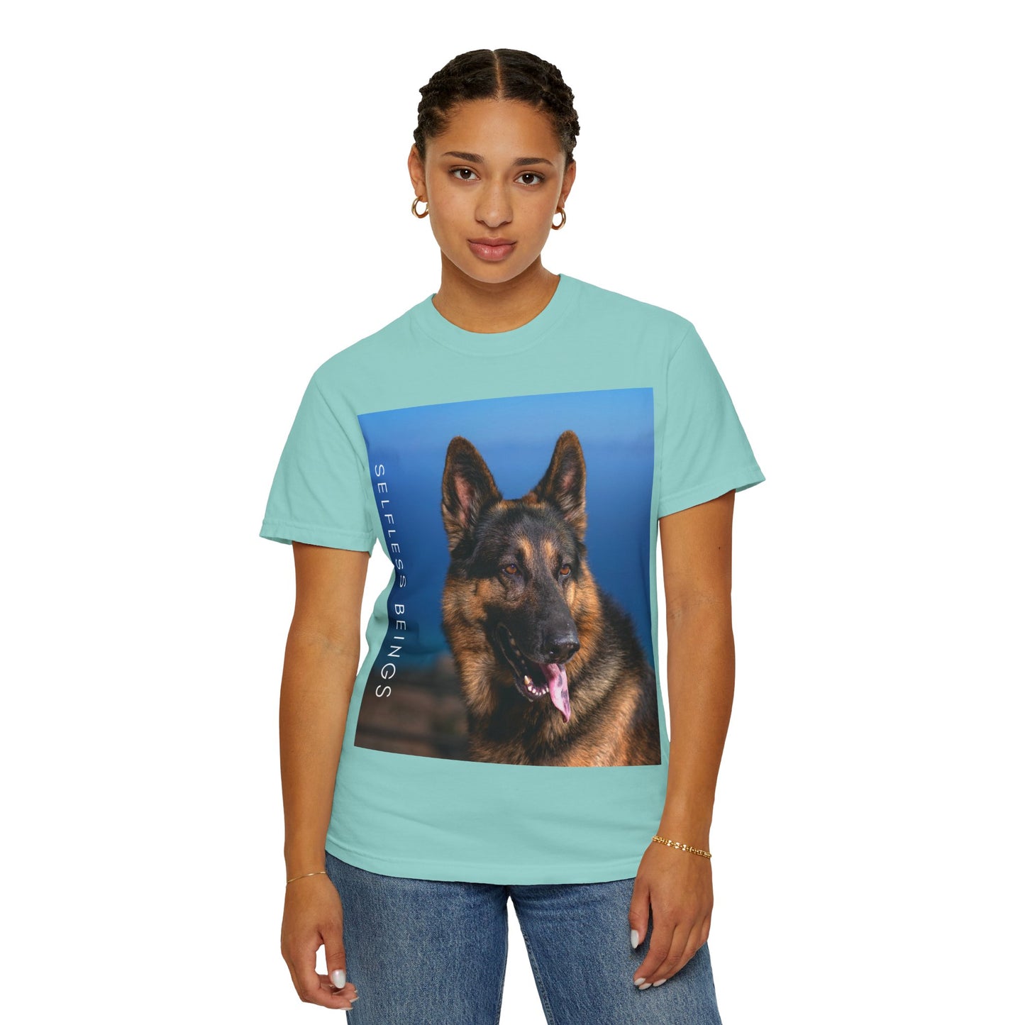 Unisex Dog Lover T-Shirt With Close Up of German Shepherd, Blue Sea in the Background and Caption Selfless Beings