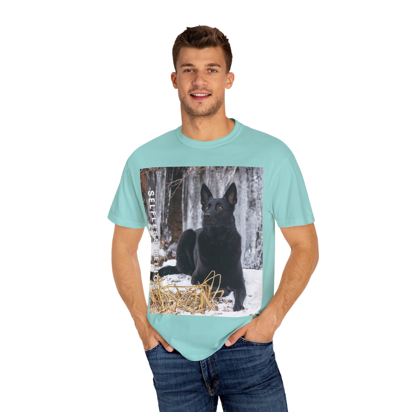 Unisex Dog Lover T-Shirt With Solid Black German Shepherd Sitting on the Snow, Ice Spikes in the Background and Caption Selfless Beings