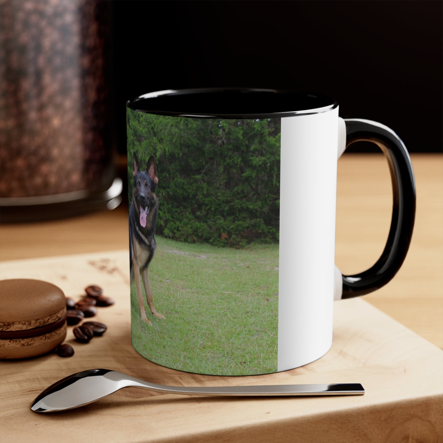 Accent Dog Lover Ceramic Mug With a Huge Working Line German Shepherd Sloppily Sitting Leaving Tongue Out