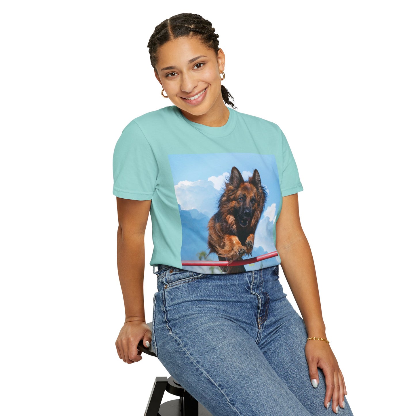 Unisex Dog Lovers T-Shirt Featuring a German Shepherd Jumping An Agility Fence