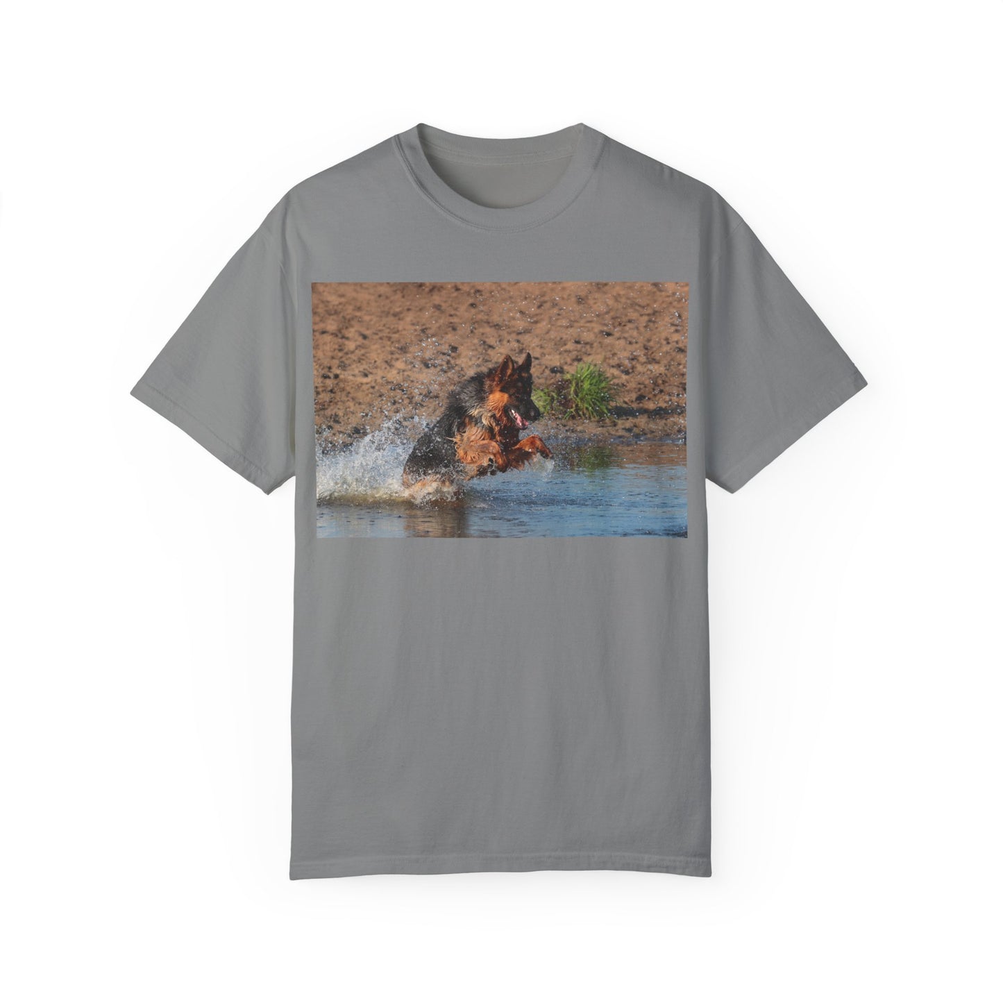 Unisex Dog Lover T-Shirt With Giant German Shepherd Jumps in the River