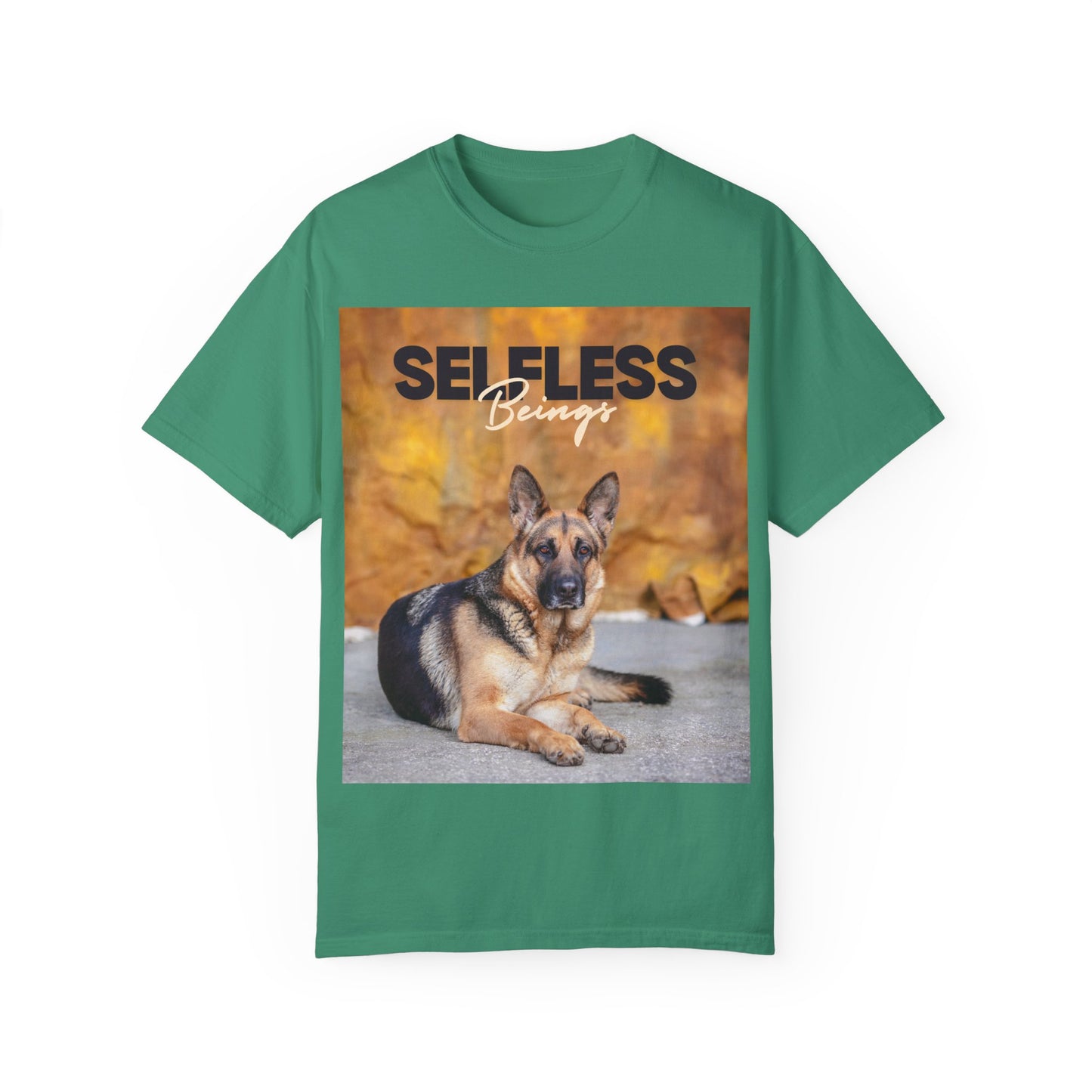 Unisex Dog Lover T-Shirt With Showline German Shepherd Posing for Camera, Autumn Background and Caption Selfless Beings