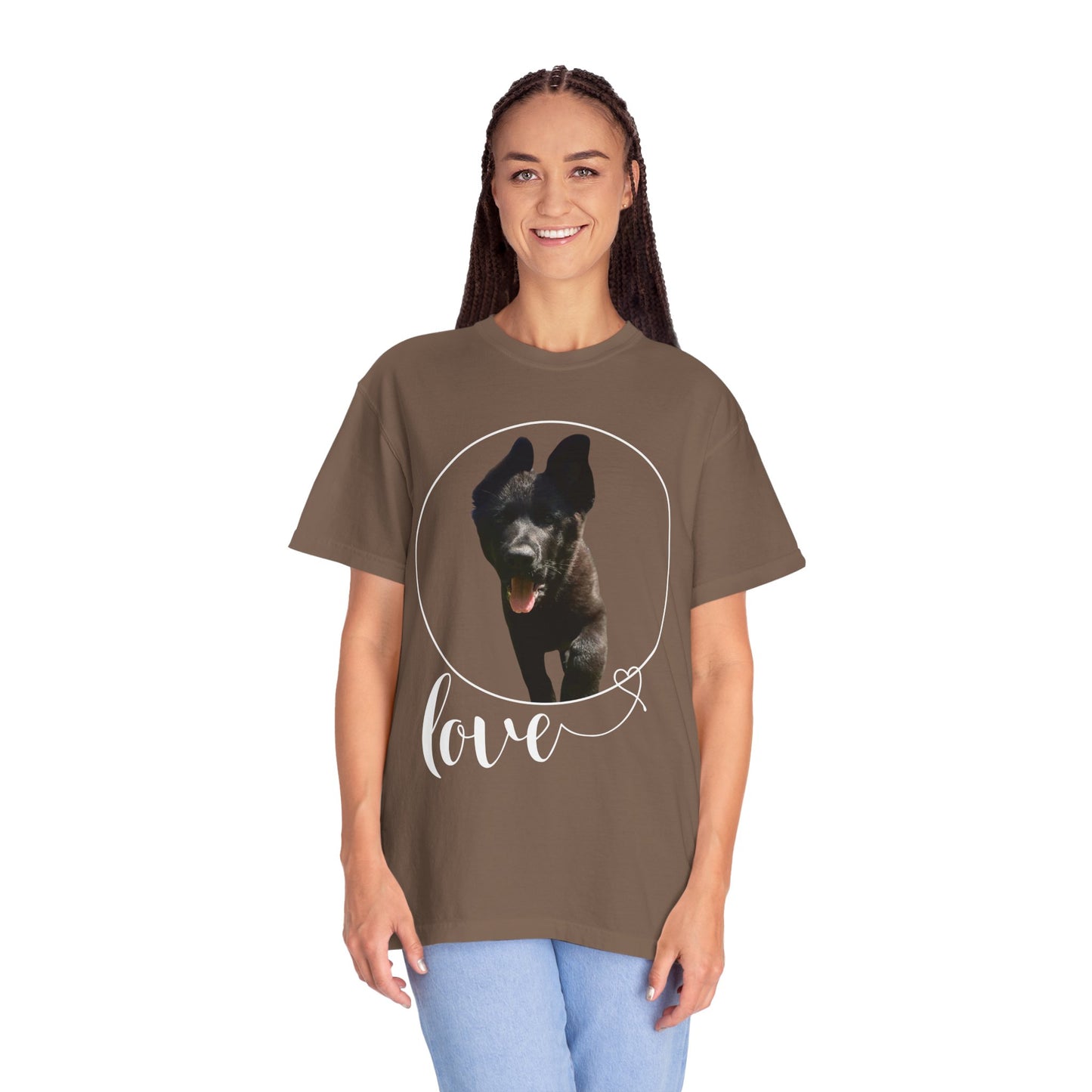 Unisex Dog Lover T-Shirt With Solid Black German Shepherd Walking On a Grass and Text Love