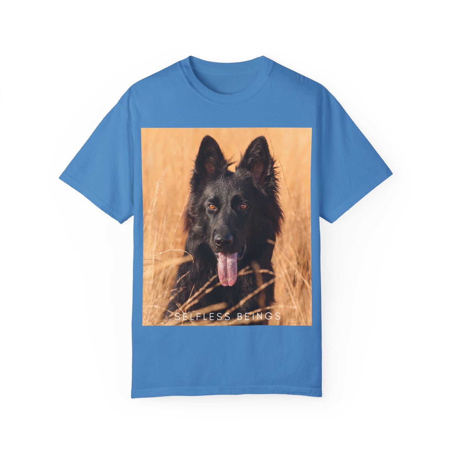 Unisex Dog Lover T-Shirt With Solid Black German Shepherd in the Middle of Long Dry Grass Leaving Tongue and Caption Selfless Beings