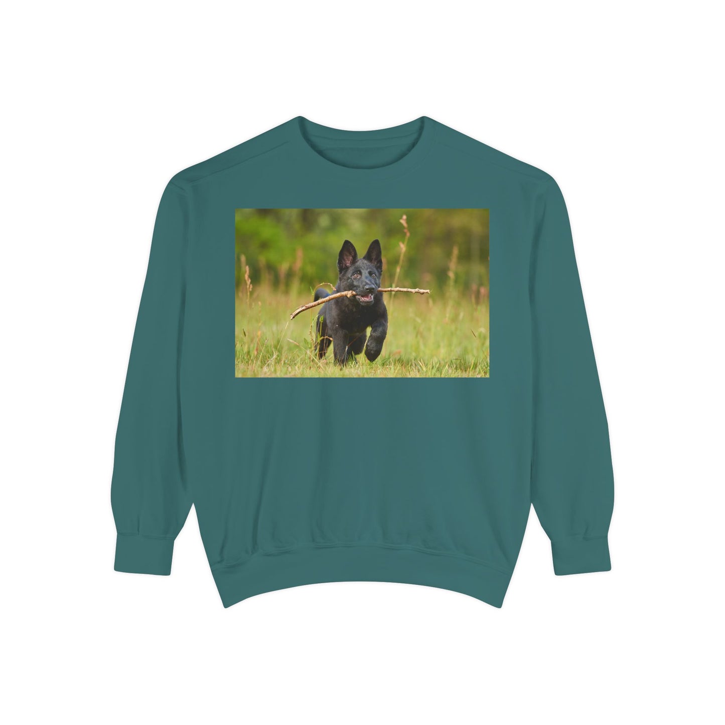 Unisex Dog Lover Sweatshirt With Black German Shepherd Puppy Running on the Grass Holding a Stick in the Mouth