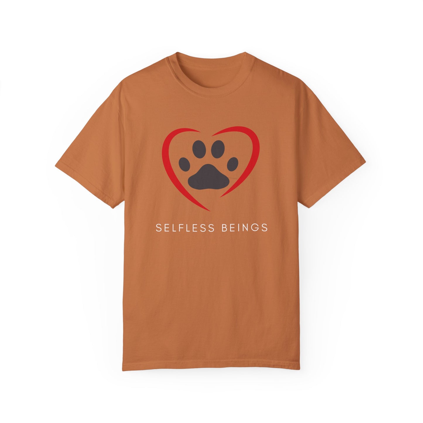 Unisex Dog Lover T-Shirt With Graphic of Curvy Heart Boundaries Contain Dog Paw Print and Caption Selfless Beings Below