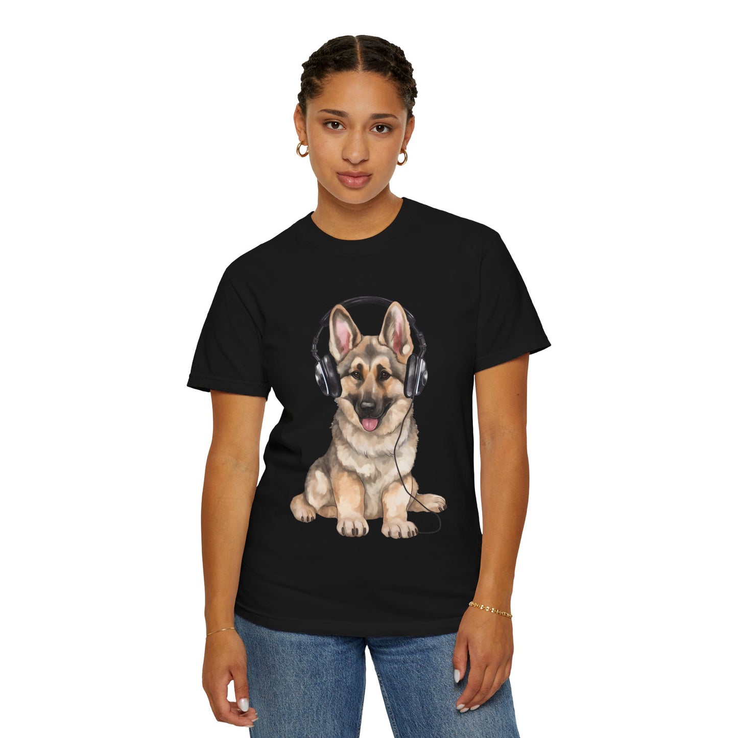 Unisex Dog Lover T-Shirt With a Graphic of German Shepherd Wearing Headphones Enjoying Music