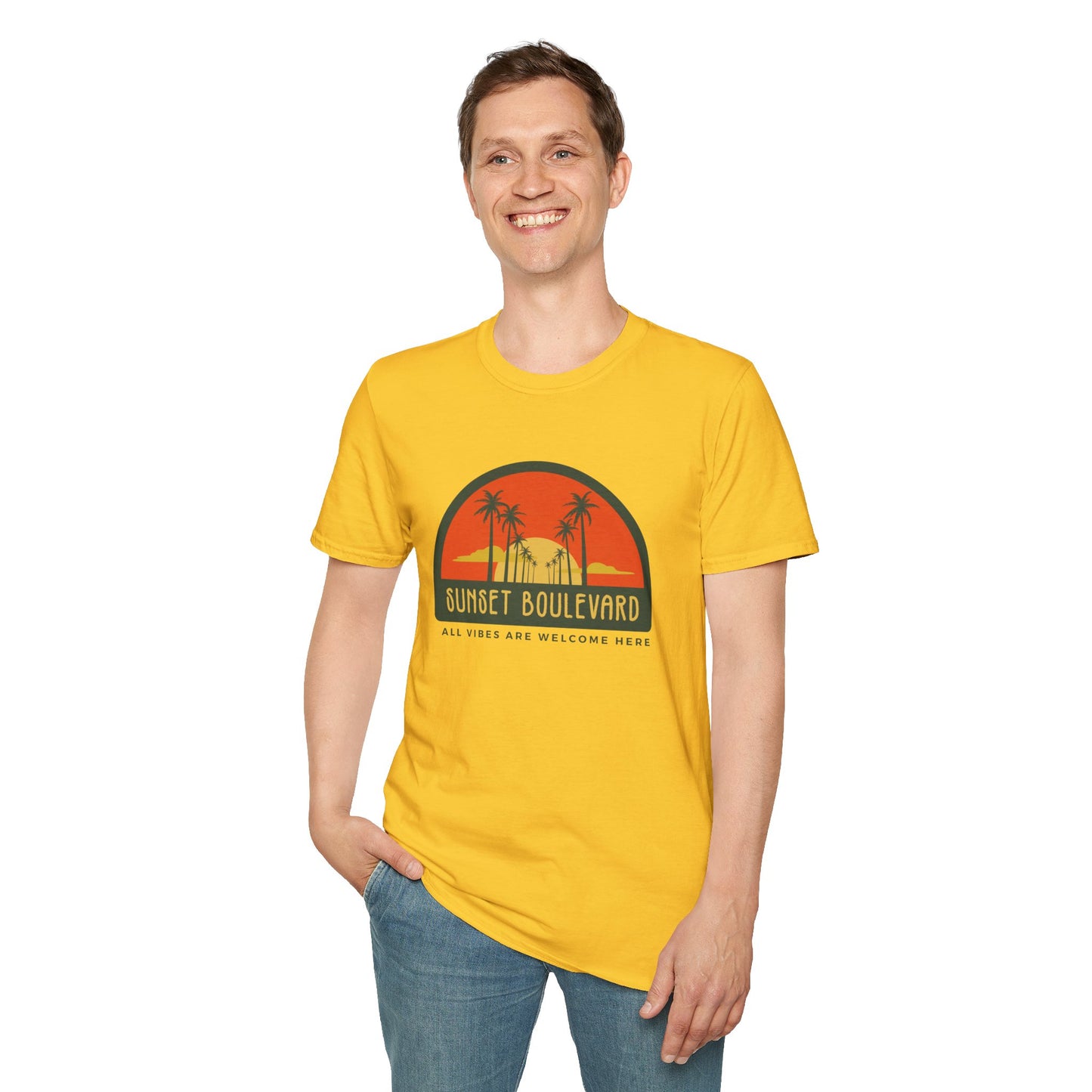 Sunset Boulevard Unisex Softstyle T-Shirt, Retro Beach Tee, Vacation Shirt, Summer Apparel, Travel Gift