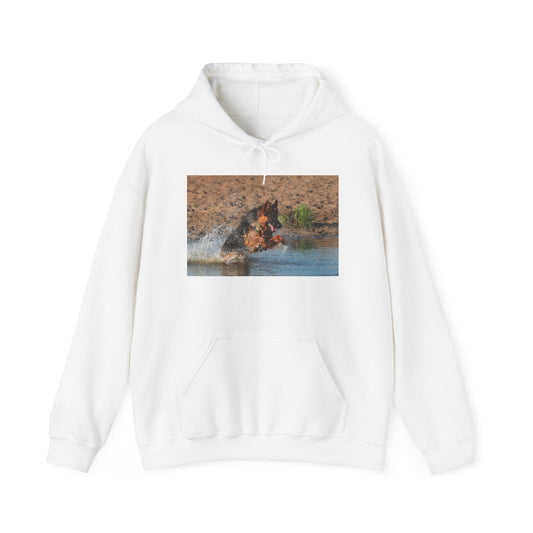 Unisex Dog Lover Hoodie With a Long Coat German Shepherd Jumps in the River