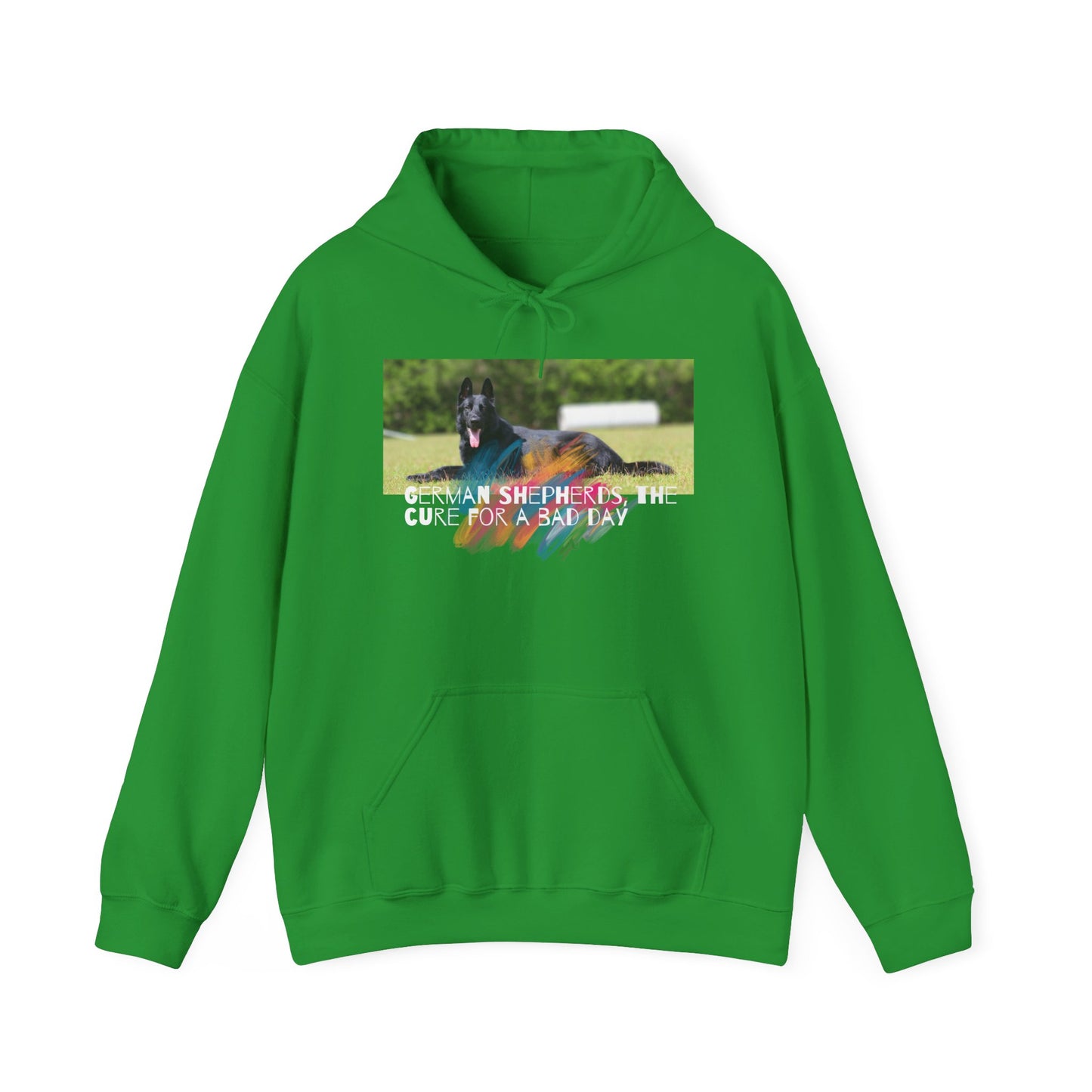 Unisex Dog Lover Hoodie With a Black German Shepherd Leaving Tongue Out and Caption The Cure for Bad Day