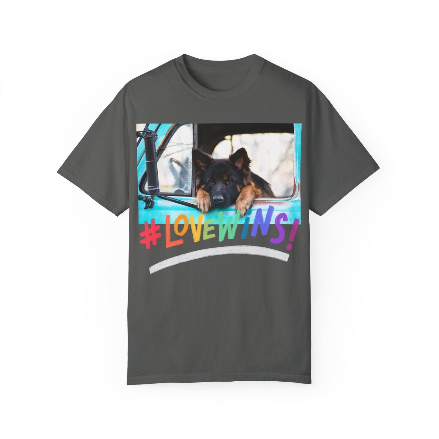 Unisex T-Shirt With German Shepherd Puppy Putting His Head and Front Legs On The Truck Seat's Window and Caption Love Wins