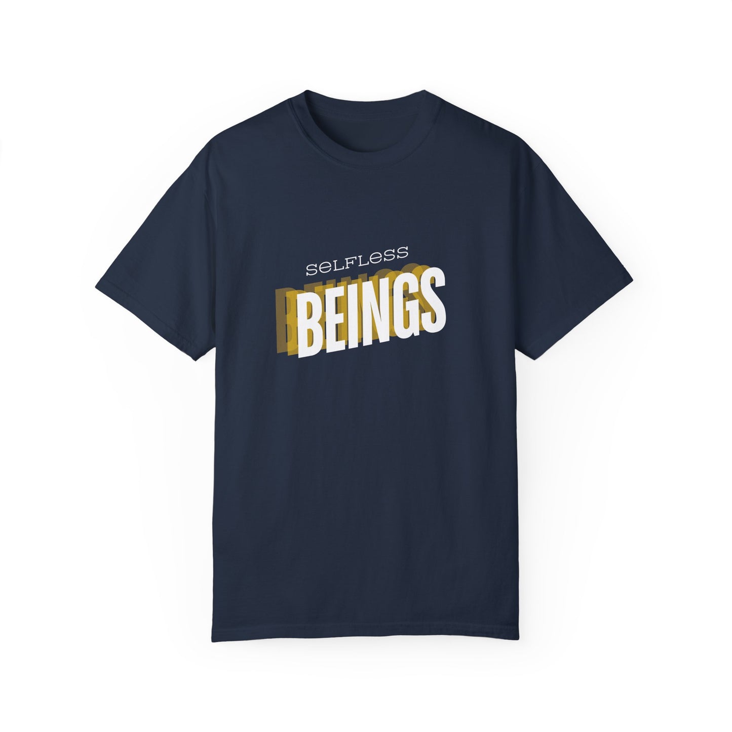 Unisex Dog Lover T-Shirt With Text "Selfless Beings" Designed Using Dark Yellow, Light Yellow and White Colors