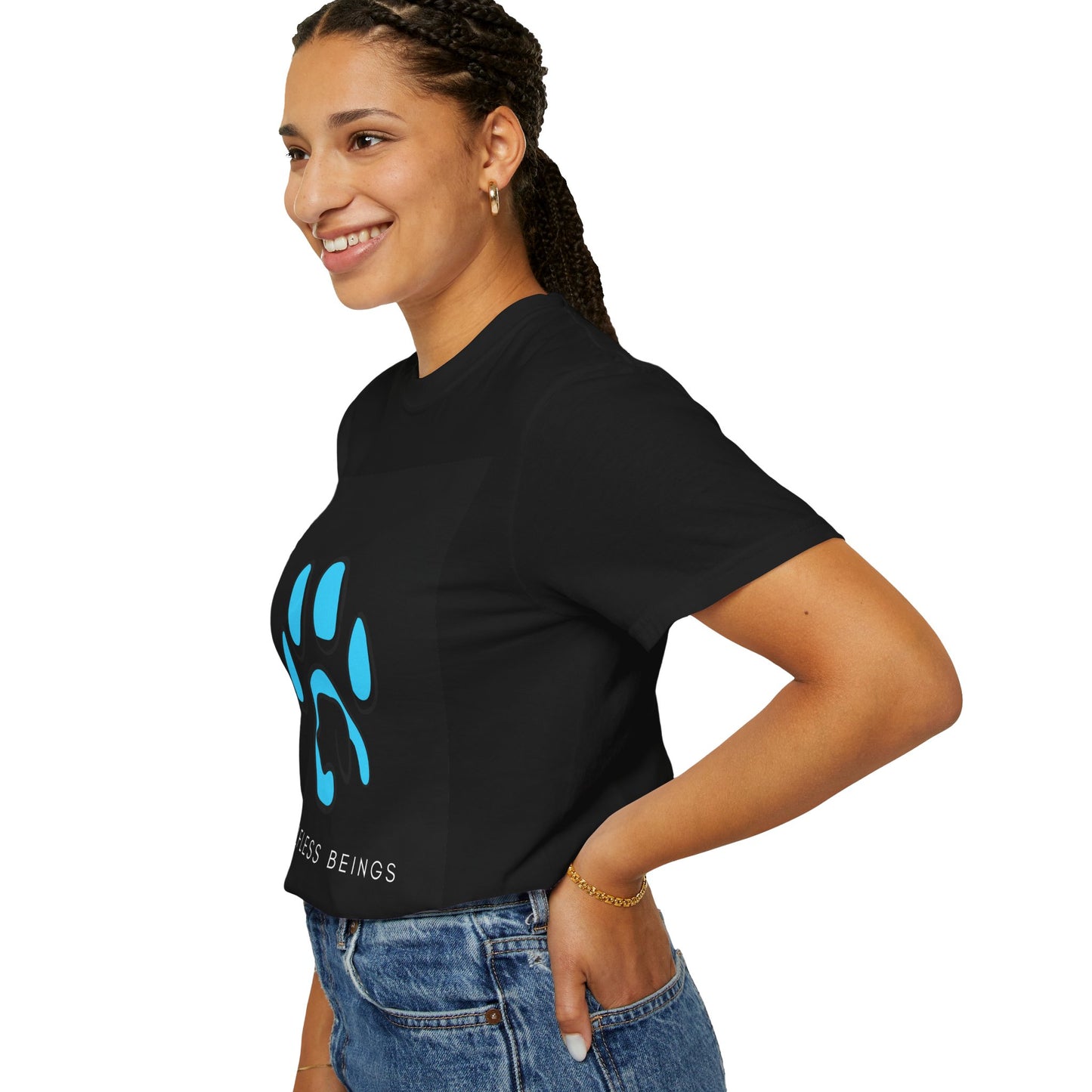 Unisex Dog Lover T-Shirt With Graphic of Blue Colored Dog Paw's Print Whose Metacarpal Contains a Design of Black Dog and Caption Selfless Beings Below