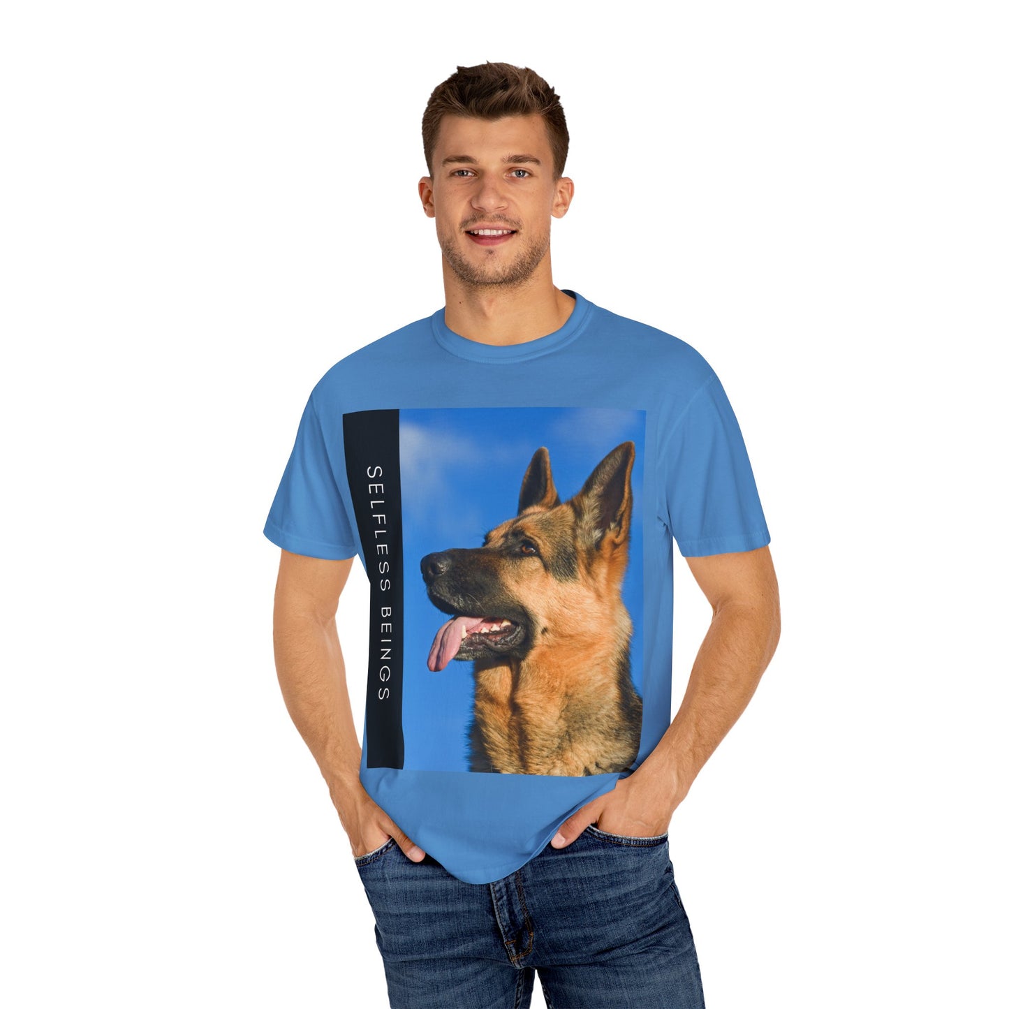 Unisex Dog Lover T-Shirt With Close Up of German Shepherd, Blue Sky in Background and Caption Selfless Beings
