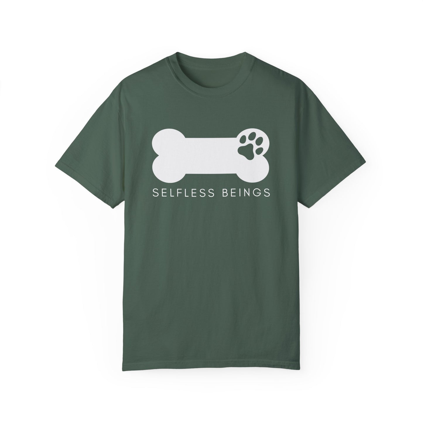 Unisex Dog Lover T-Shirt With Dog's Paw Print Inside a Bone and Caption Selfless Beings