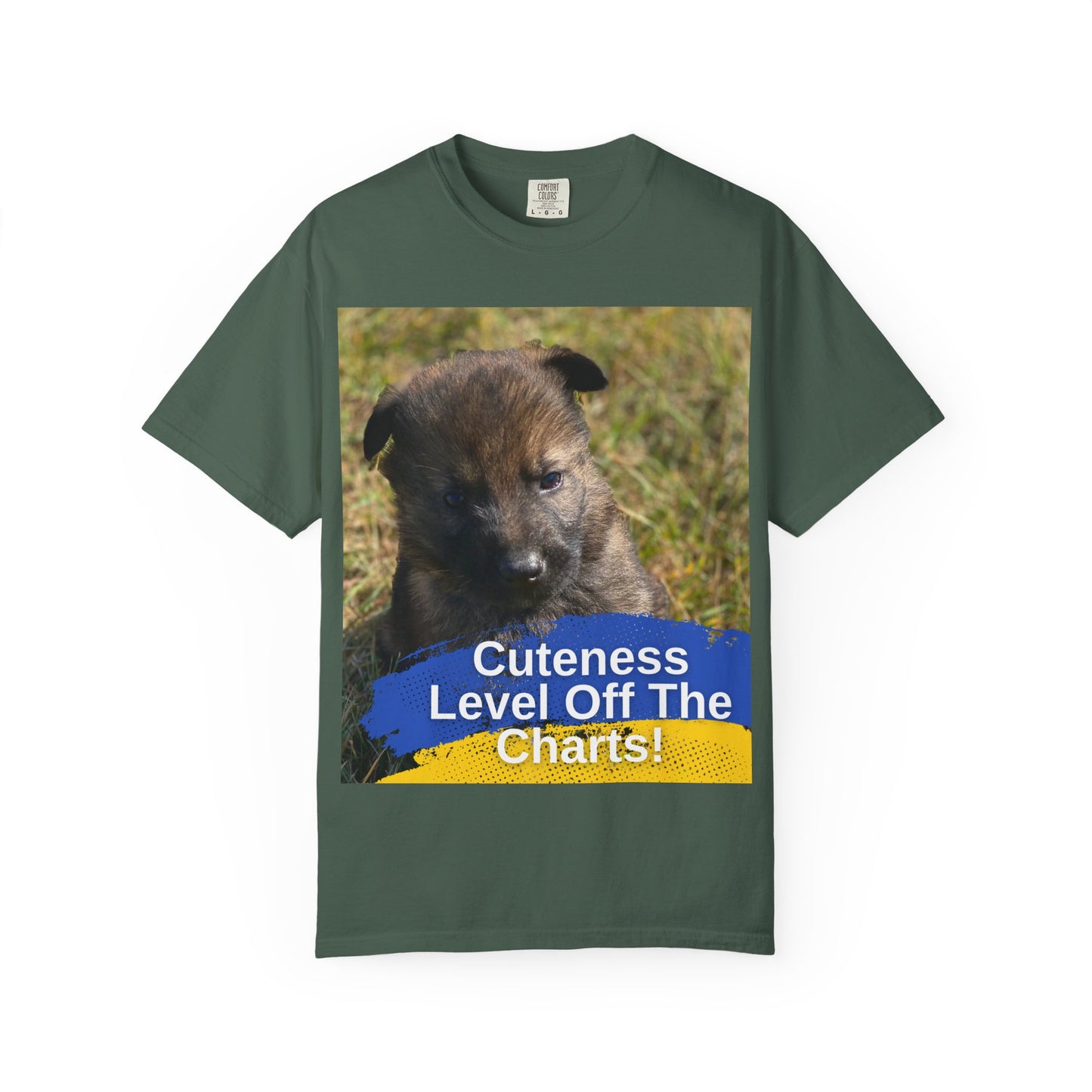 Unisex Dog Lover T-Shirt Featuring a German Shepherd Puppy and Caption Cuteness Level Off The Charts