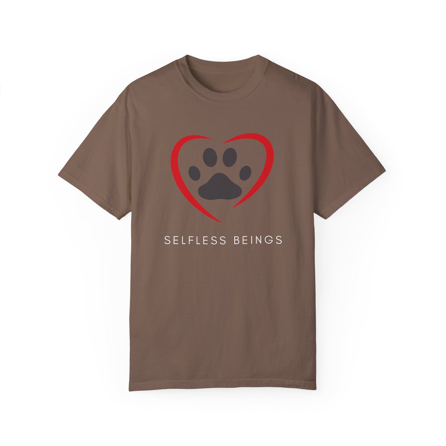 Unisex Dog Lover T-Shirt With Graphic of Curvy Heart Boundaries Contain Dog Paw Print and Caption Selfless Beings Below