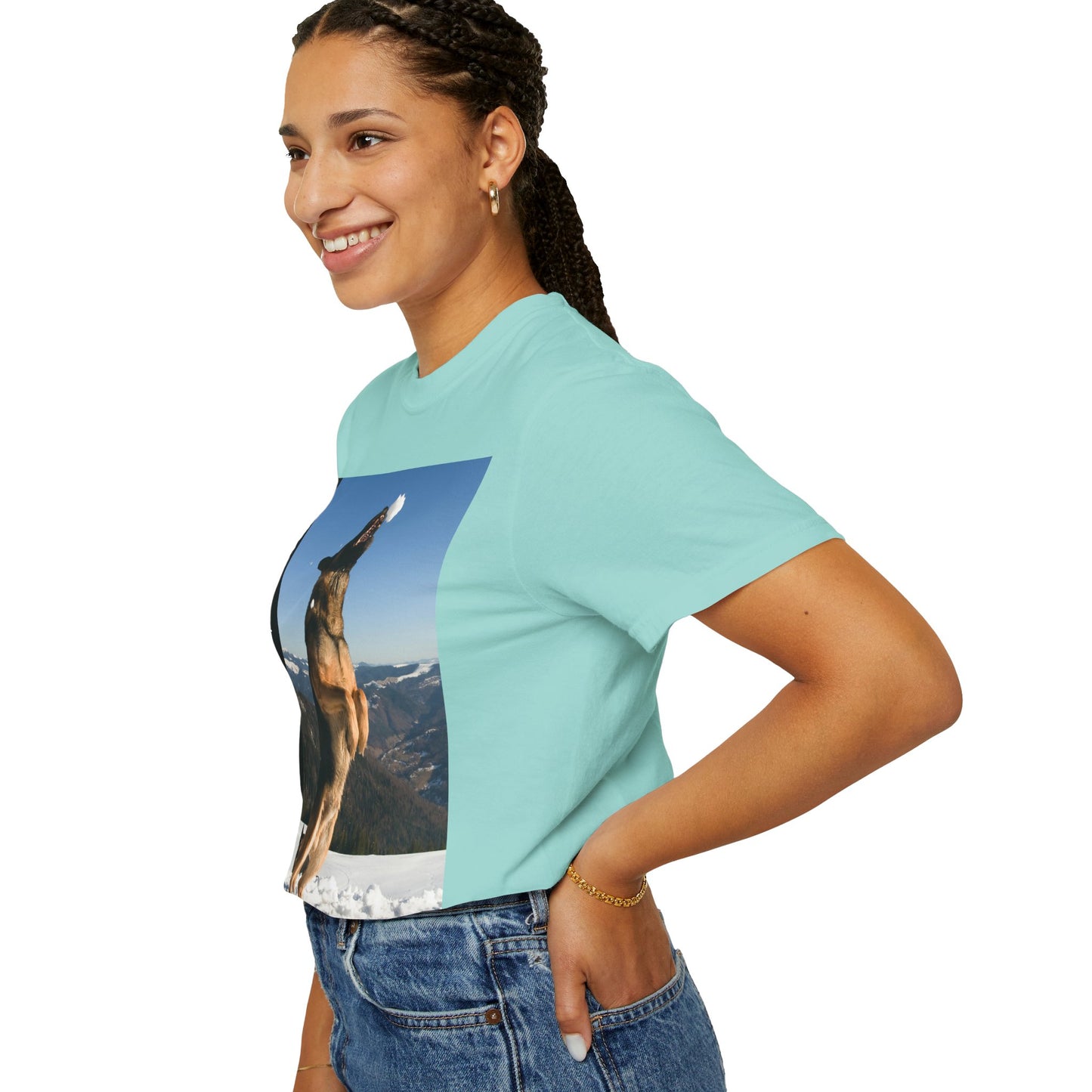 Unisex Dog Lover T-Shirt With a German Shepherd Jumps Upward to Catch a Small Snowball With Mouth and Caption Selfless Beings