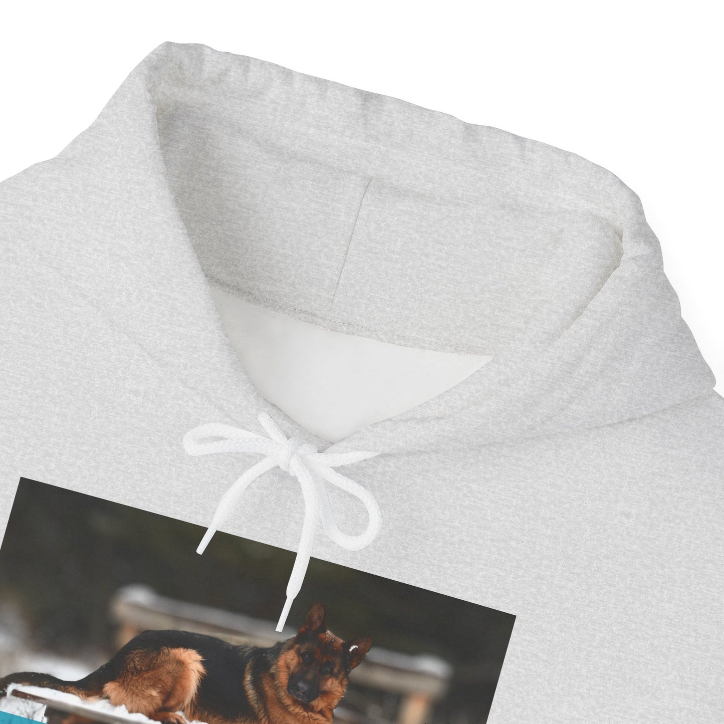 Unisex Dog Lover Hoodie With a German Shepherd Resting On Outdoor Bed In The Snow and Caption Life is Ruff Without GSD