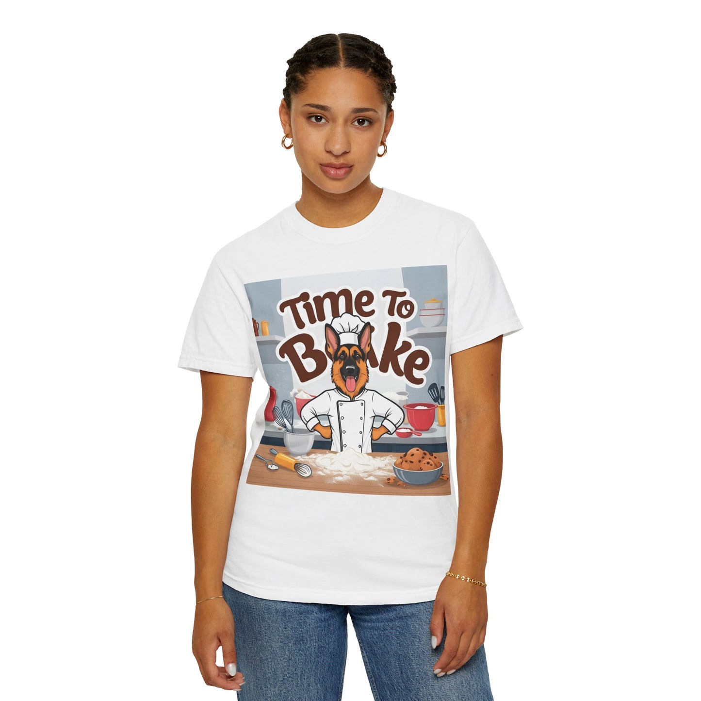 Unisex Dog Lover T-Shirt With Graphic of German Shepherd Wearing Chef Suit and Caption Time To Bake