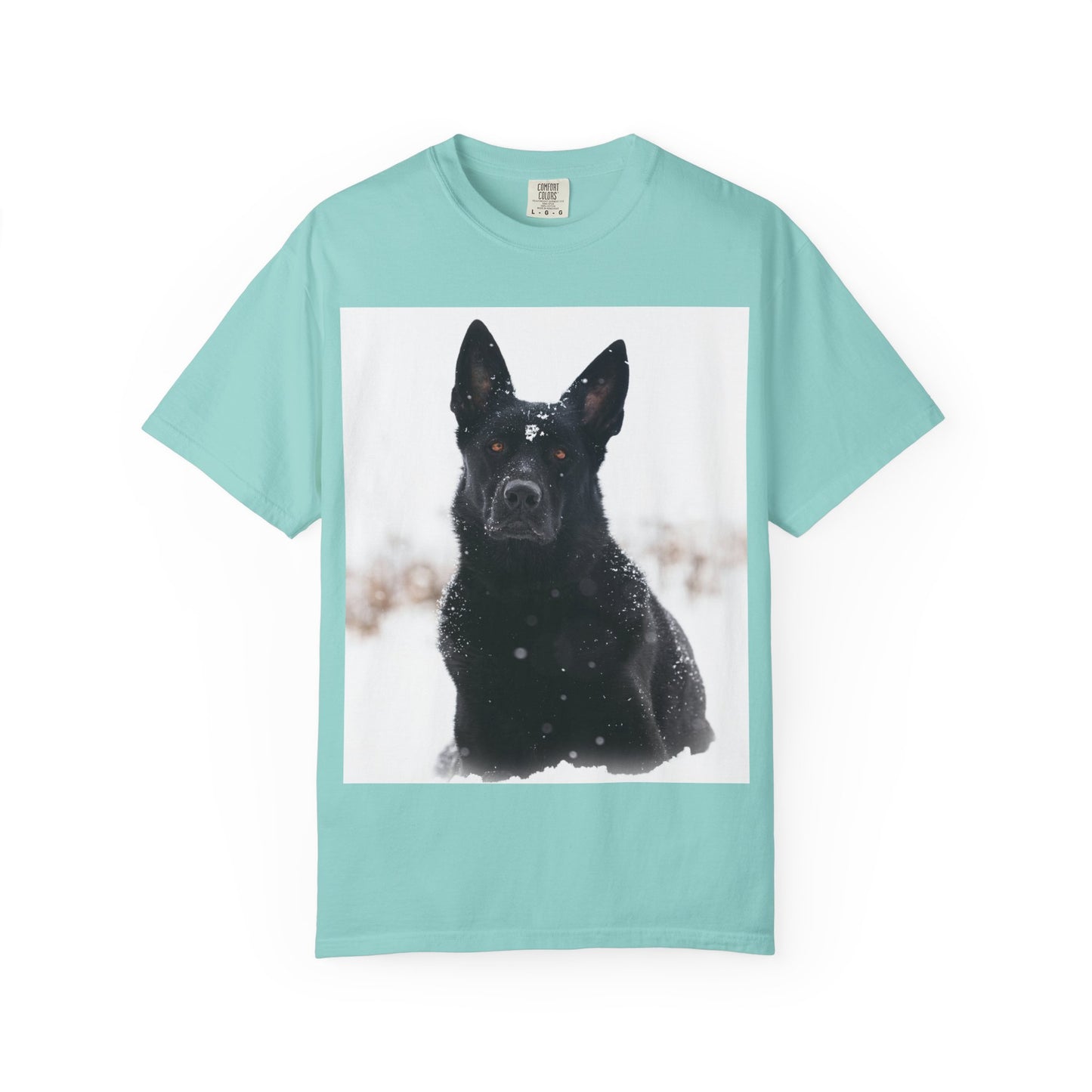 Unisex Dog Lover T-Shirt Featuring a Giant Black Working Line German Shepherd in the Snow