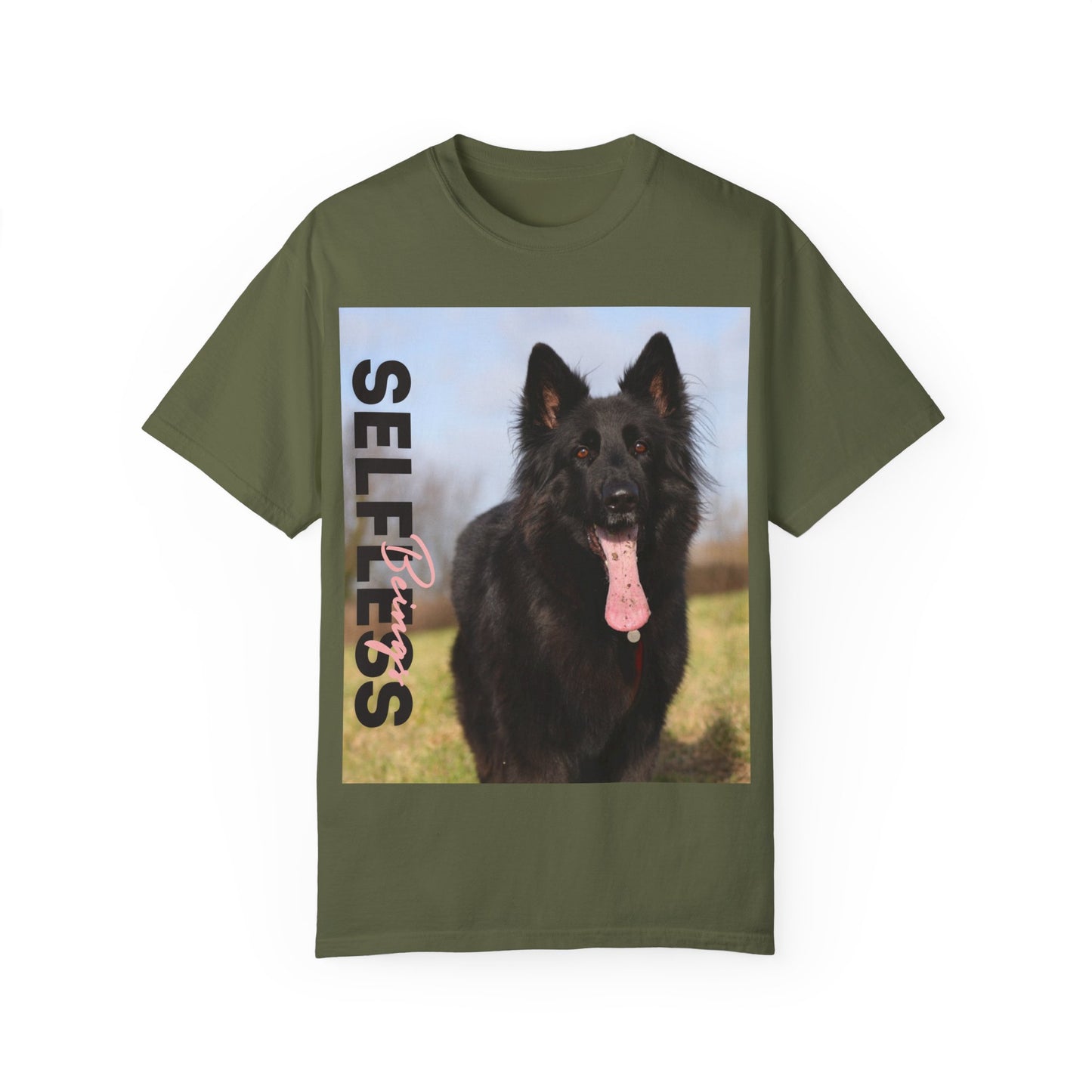 Unisex Dog Lover T-Shirt With Black German Shepherd in the Open Field Leaving Tongue Out and Caption Selfless Beings