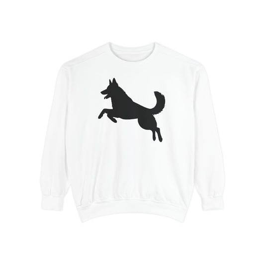 Unisex Dog Lover Sweatshirt With a Graphic of Solid Black German Shepherd Jumping in the Air