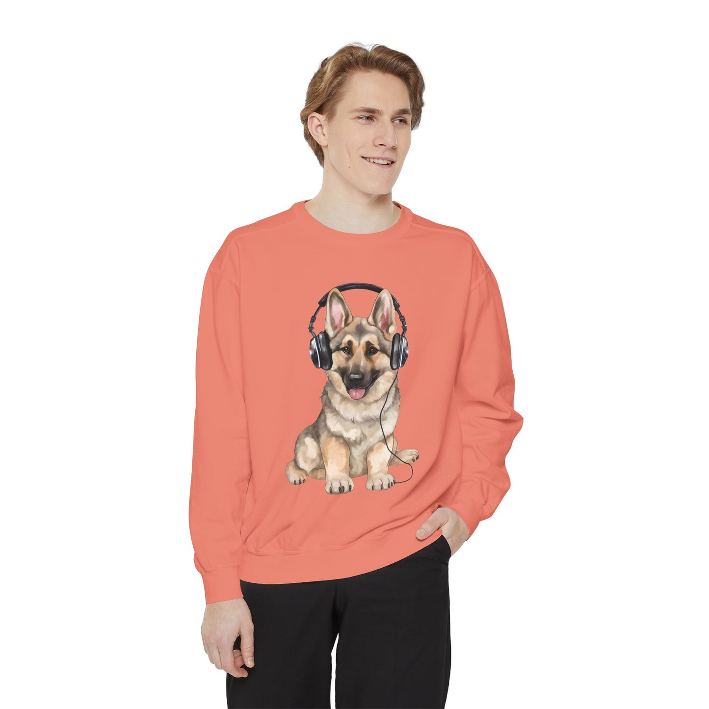 Unisex Dog Lover Sweatshirt With a German Shepherd Wearing Headphones Enjoying Music
