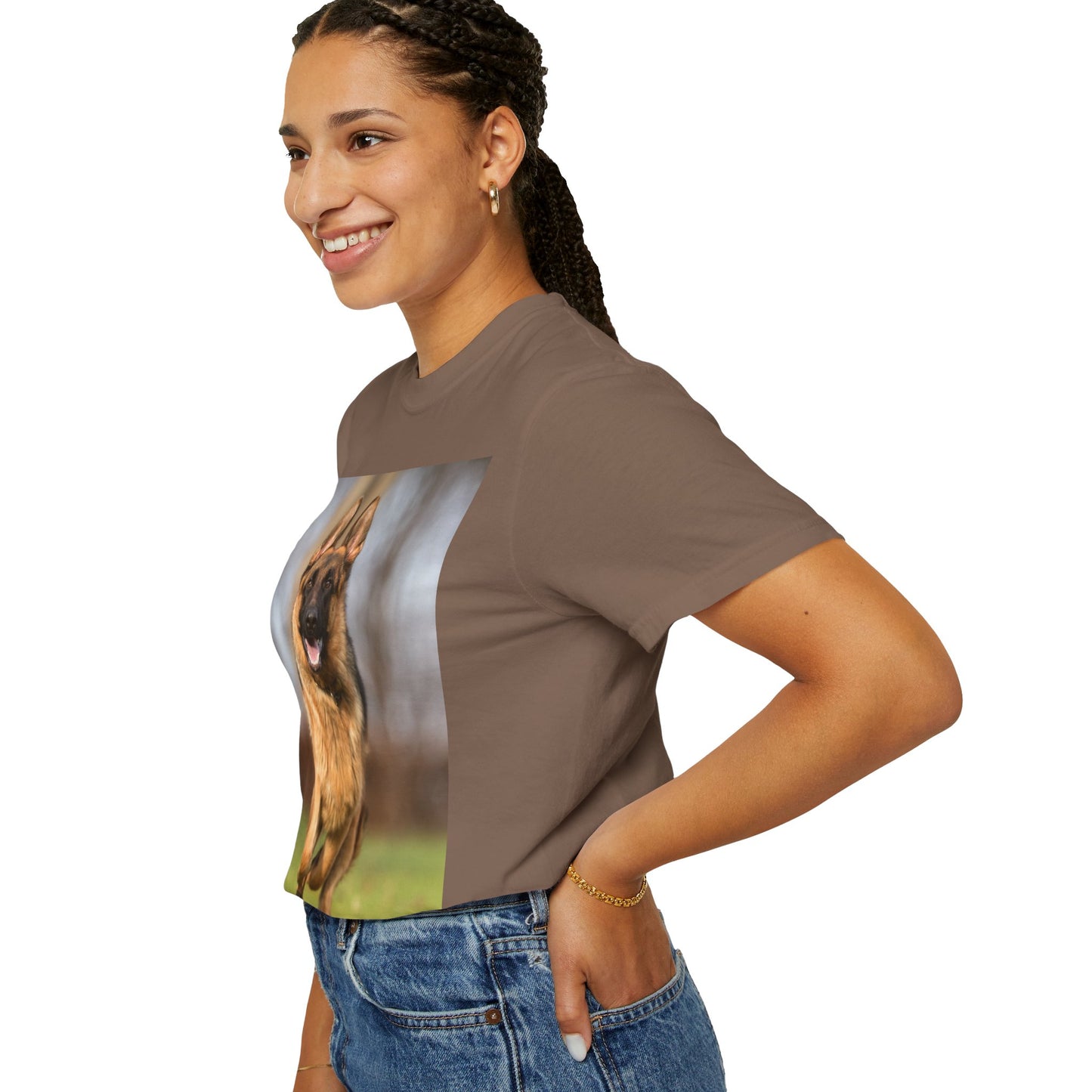 Unisex Dog Lover T-Shirt With Large German Shepherd Running on the Grass and Caption Selfless Beings