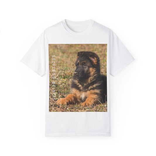 Unisex Dog Lover T-Shirt With Beautiful German Shepherd Puppy Resting On the Grass and Caption Selfless Beings