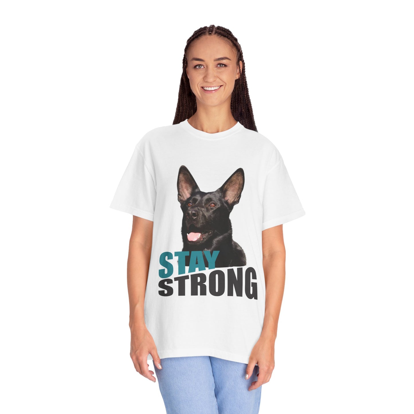 Unisex Dog Lover T-Shirt With Solid Black Working Line German Shepherd Mouth Opened and Caption Stay Strong