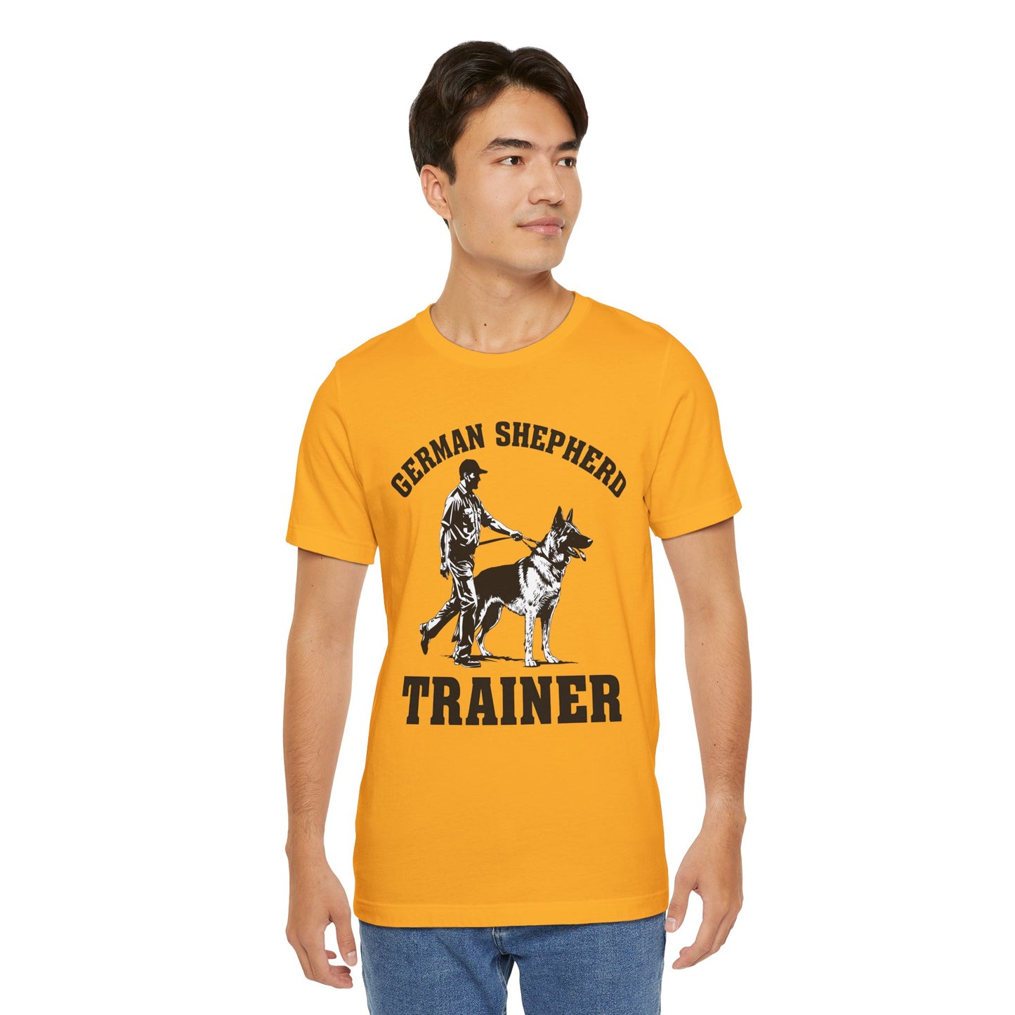 German Shepherd Trainer Tee - Black and White Design of Man Holding a German Shepherd