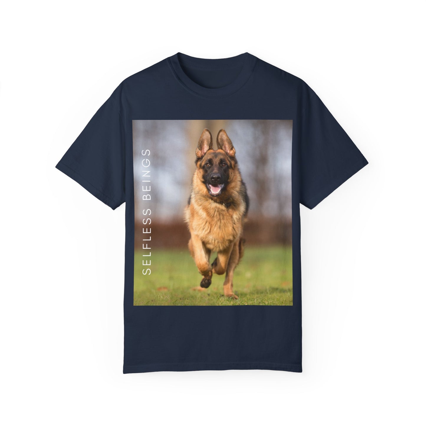 Unisex Dog Lover T-Shirt With Large German Shepherd Running on the Grass and Caption Selfless Beings