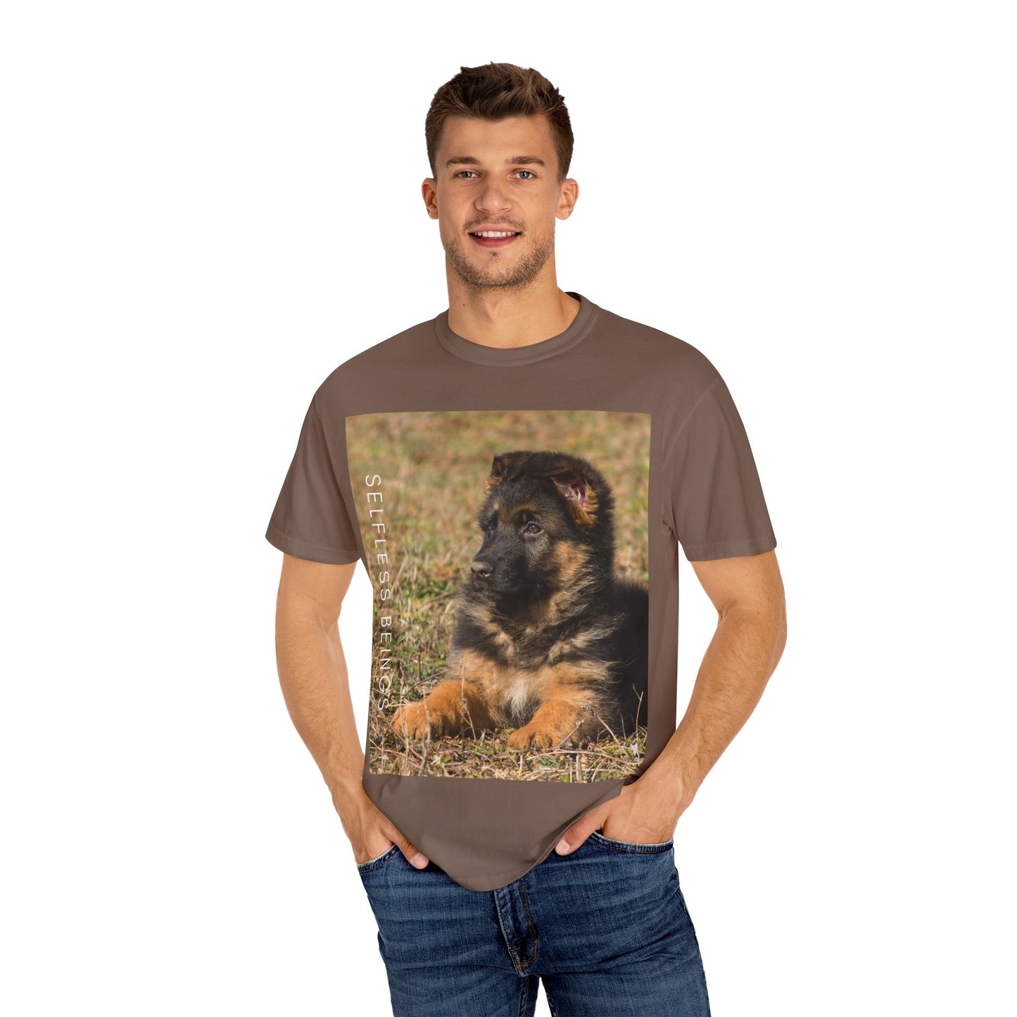 Unisex Dog Lover T-Shirt With Beautiful German Shepherd Puppy Resting On the Grass and Caption Selfless Beings