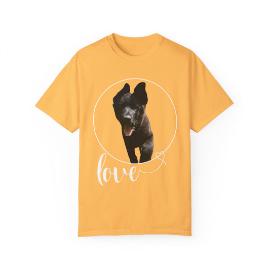 Unisex Dog Lover T-Shirt With Solid Black German Shepherd Walking On a Grass and Text Love