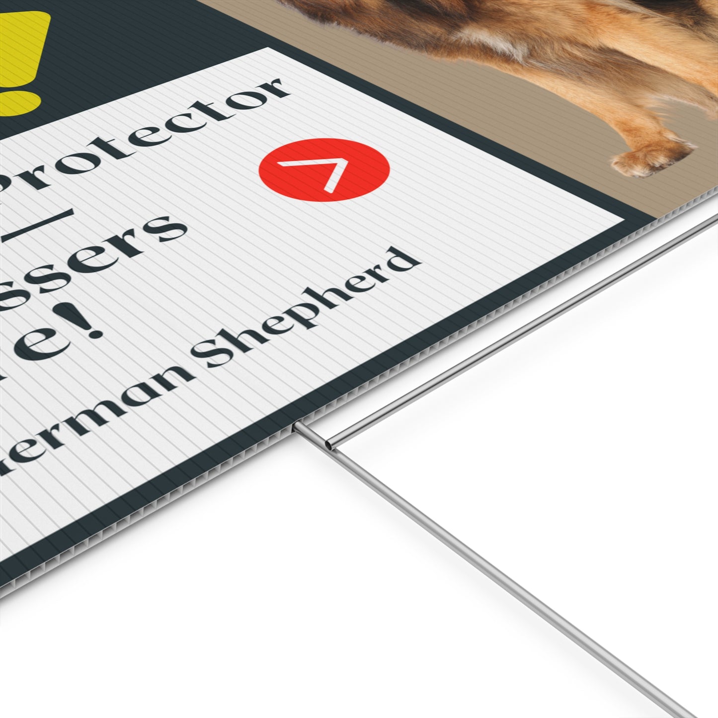 Dog Plastic Yard Sign Featuring a German Shepherd and Caption Fearless Protector On Duty—Trespassers Beware