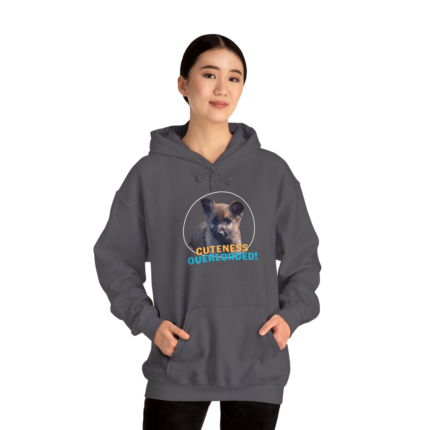 Unisex Dog Lover Hoodie With Cute Sable German Shepherd Puppy and Caption Cuteness Overloaded
