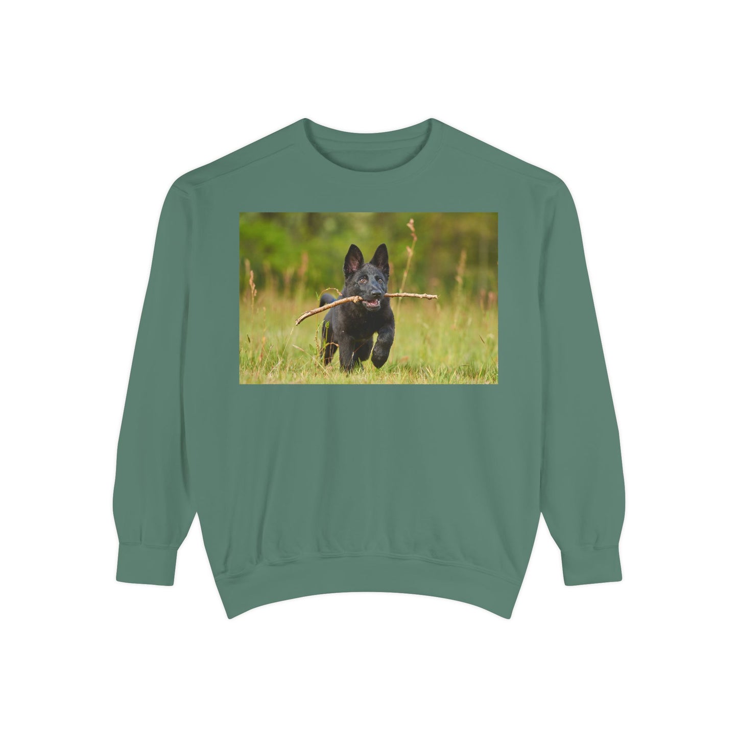 Unisex Dog Lover Sweatshirt With Black German Shepherd Puppy Running on the Grass Holding a Stick in the Mouth