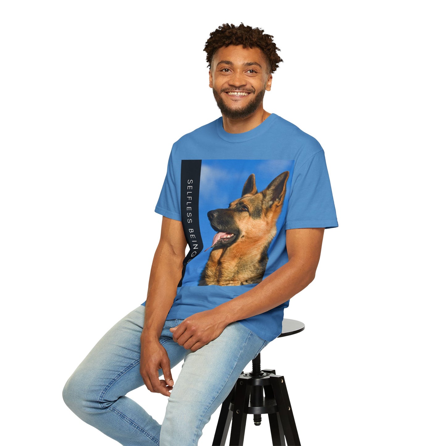 Unisex Dog Lover T-Shirt With Close Up of German Shepherd, Blue Sky in Background and Caption Selfless Beings