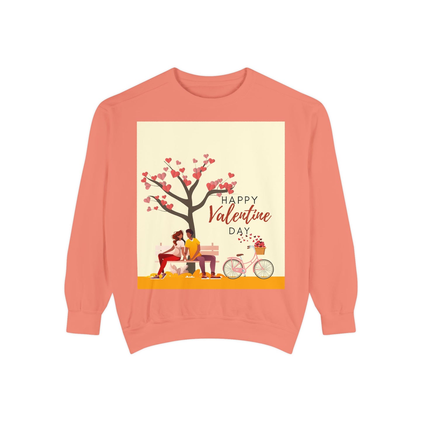 Unisex Valentine's Day Sweatshirt With Art Showing Couple Sitting on a Bench Under the Tree and Caption Happy Valentine's Day
